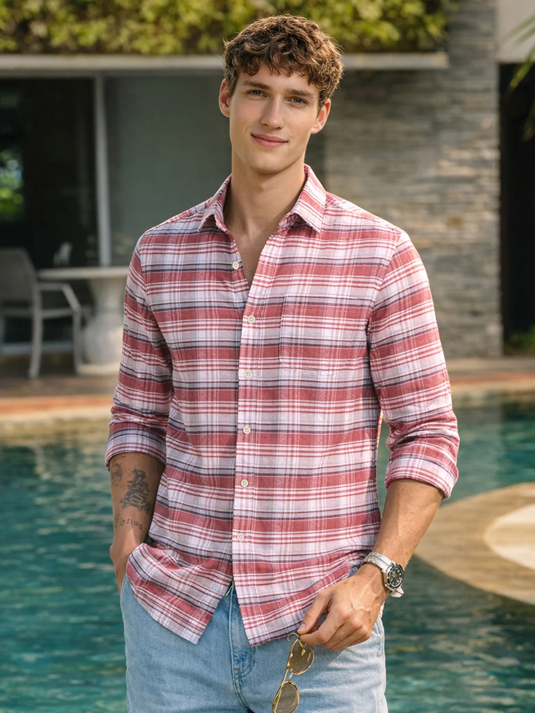 Men's Rust Regular Fit Checked Casual Shirt
