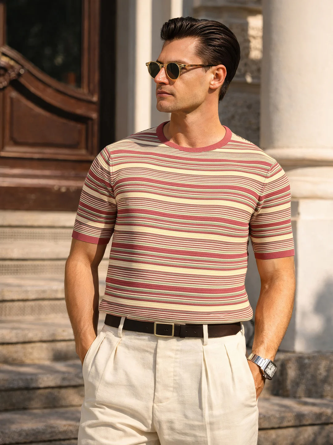 Men's Rust Slim Fit Textured Flat Knit T-Shirt