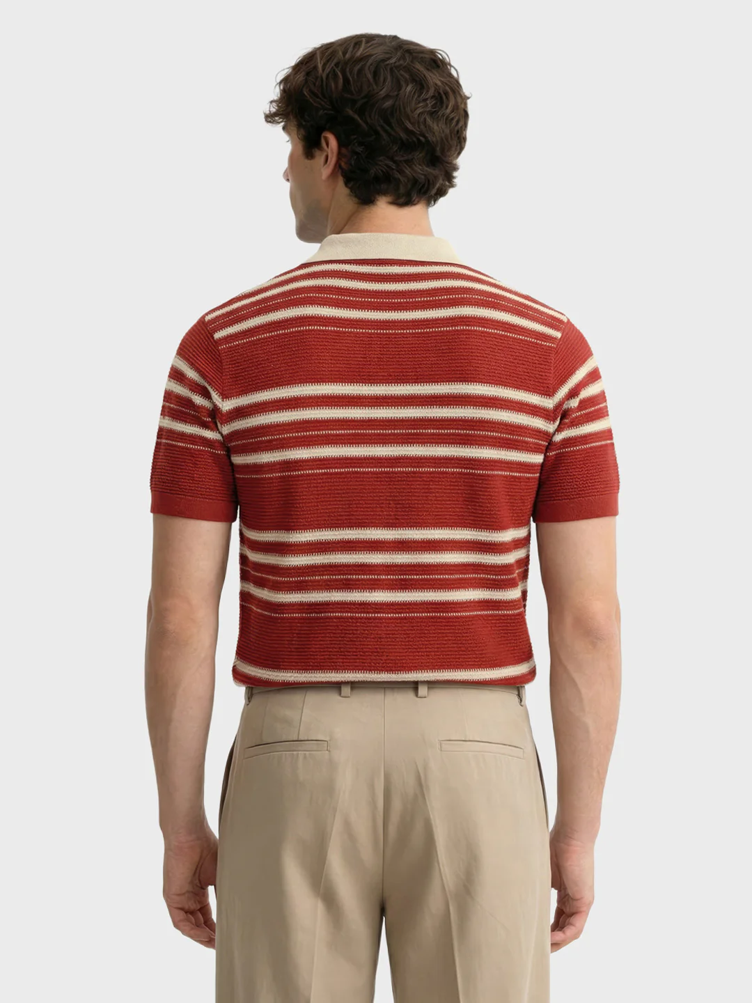 Men's Rust Slim Fit Striped Flat Knit Johnny Collar Polo T-Shirt - Image 4