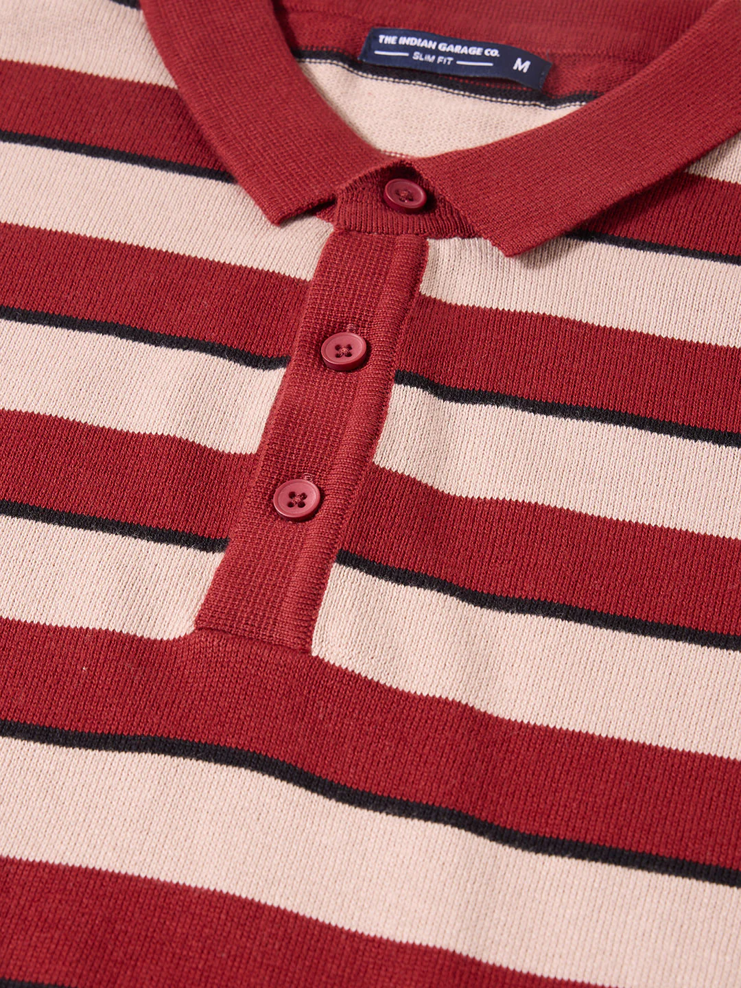 Men's Rust Slim Fit Striped Flat Knit Polo T-Shirt - Image 3