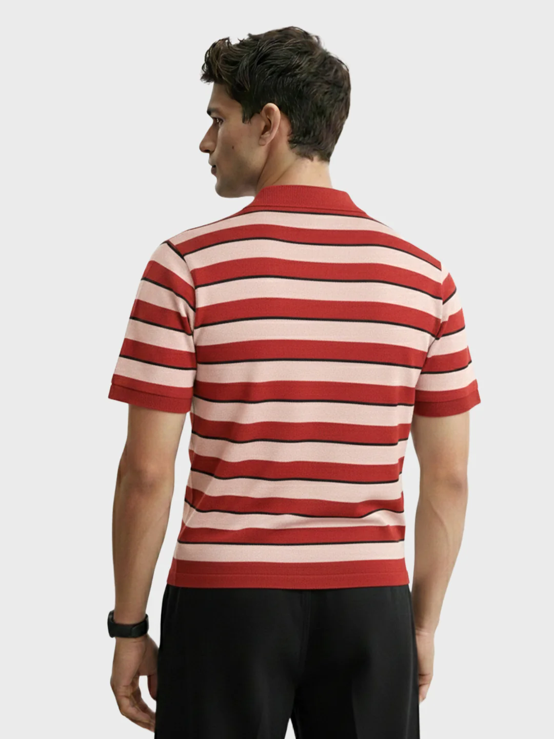 Men's Rust Slim Fit Striped Flat Knit Polo T-Shirt - Image 4