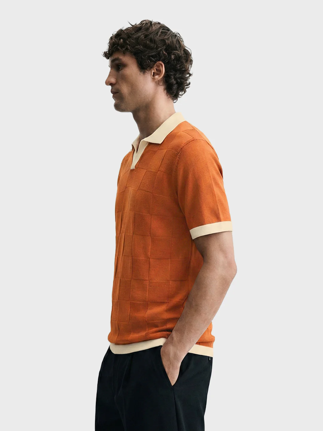 Men's Rust Slim Fit Solid Flat Knit Polo T-Shirt - Image 4