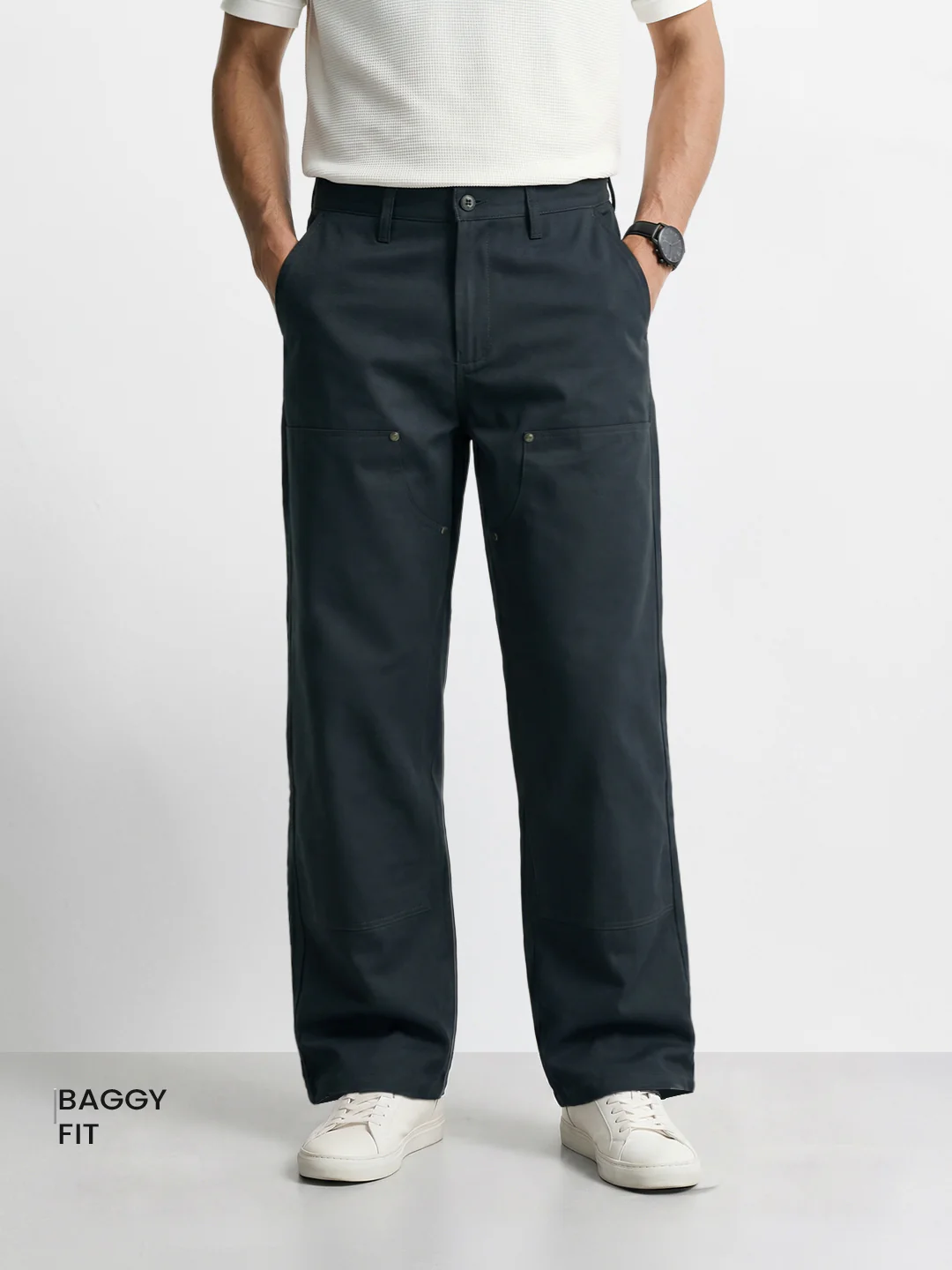 Men's Grey Baggy Fit Solid Utility Trousers - Image 2