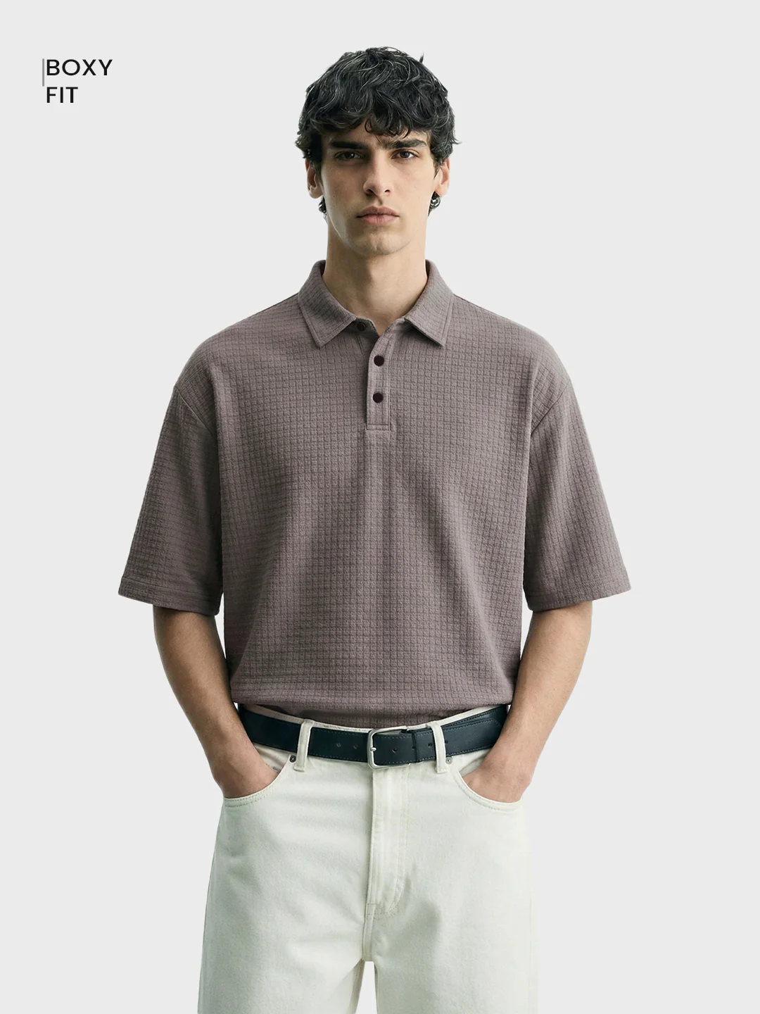 Men's Silver Boxy Fit Textured Casual T-Shirt