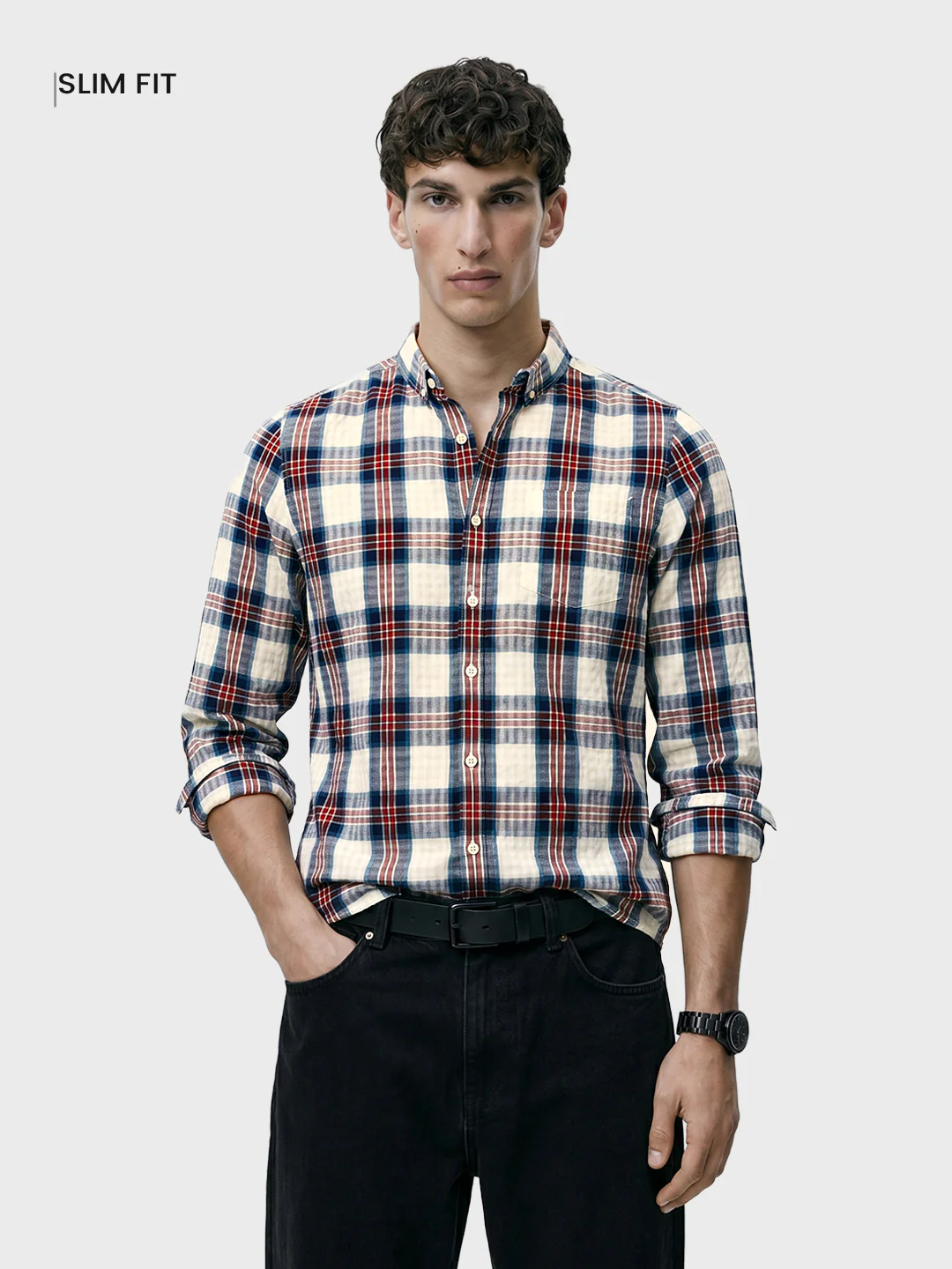 Men's Teal Slim Fit Checkered Casual Shirt - Image 2