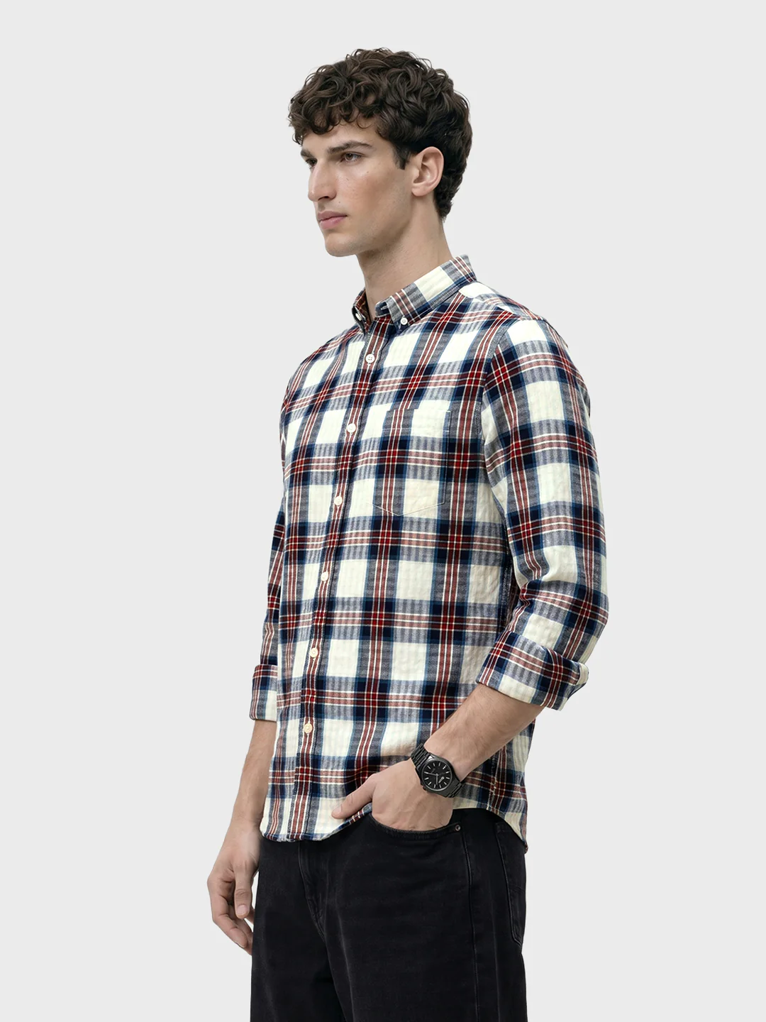 Men's Teal Slim Fit Checkered Casual Shirt - Image 4