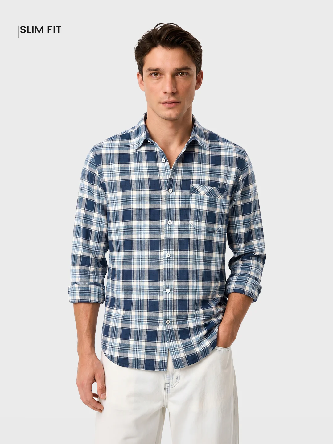 Men's Teal Slim Fit Checkered Casual Shirt - Image 2