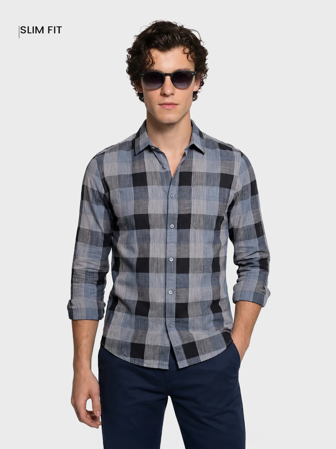 Men's Blue Slim Fit Checkered Casual Shirts - Image 2