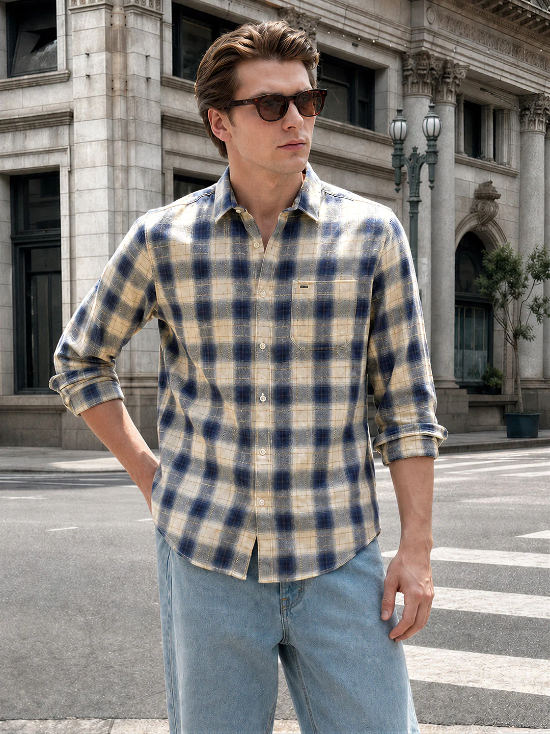 Men's Teal Slim Fit Checkered Casual Shirt