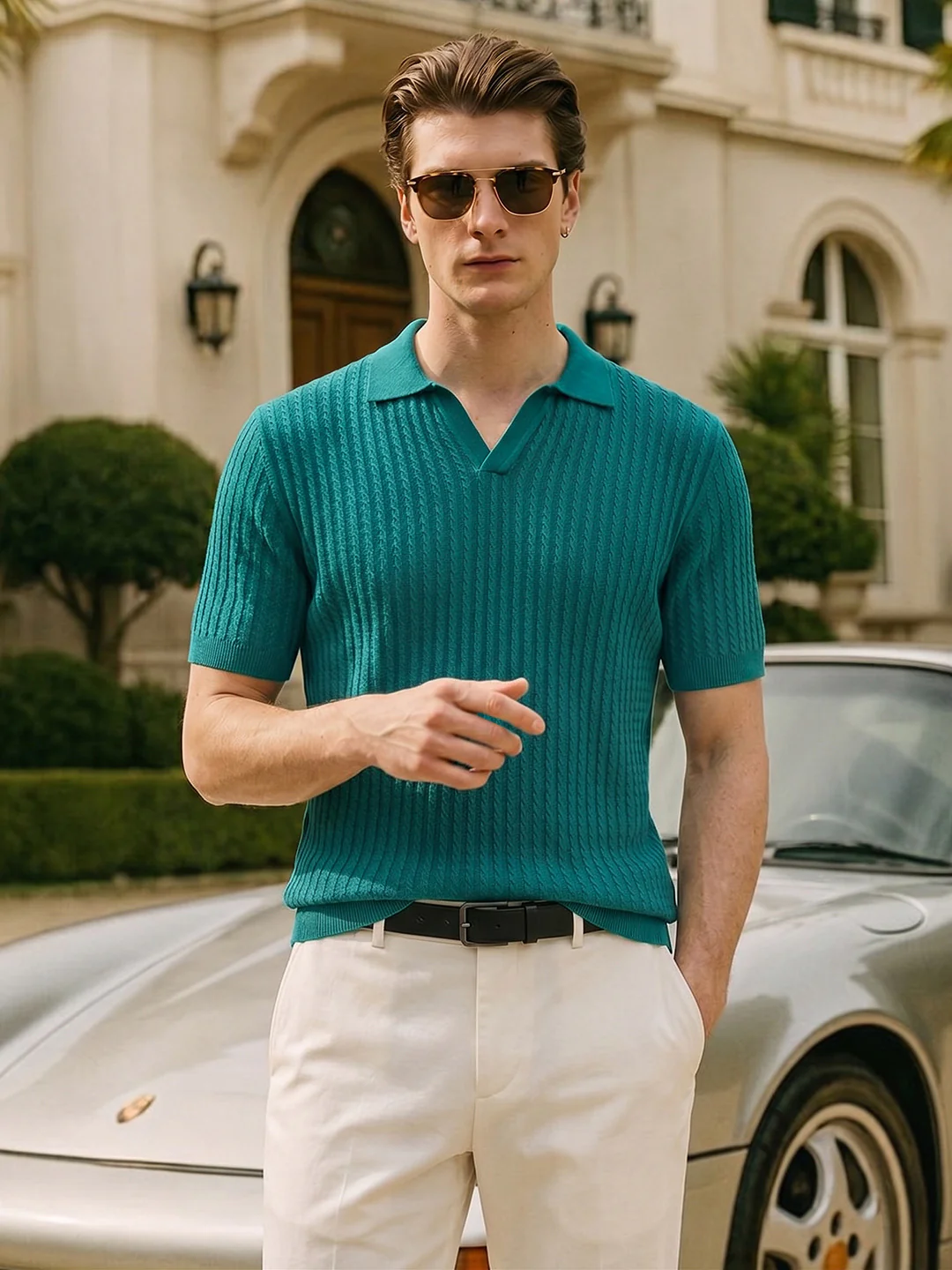 Men's Teal Slim Fit Solid Casual Polo T-Shirt