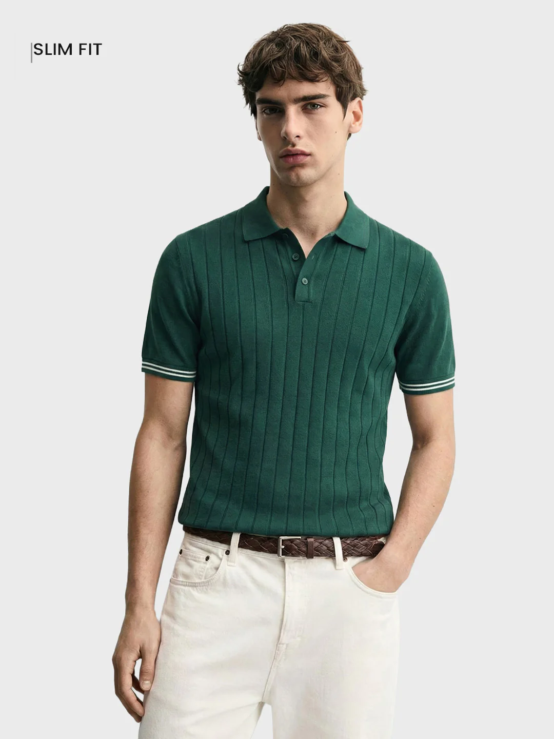 Men's Teal Slim Fit Solid Flat Knit Polo T-Shirt - Image 2