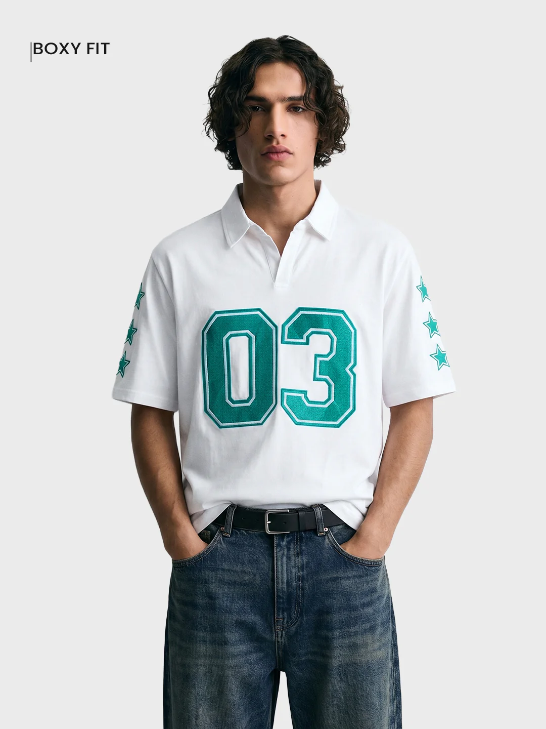 Men's White Boxy Fit Printed Casual Polo T-Shirt - Image 2