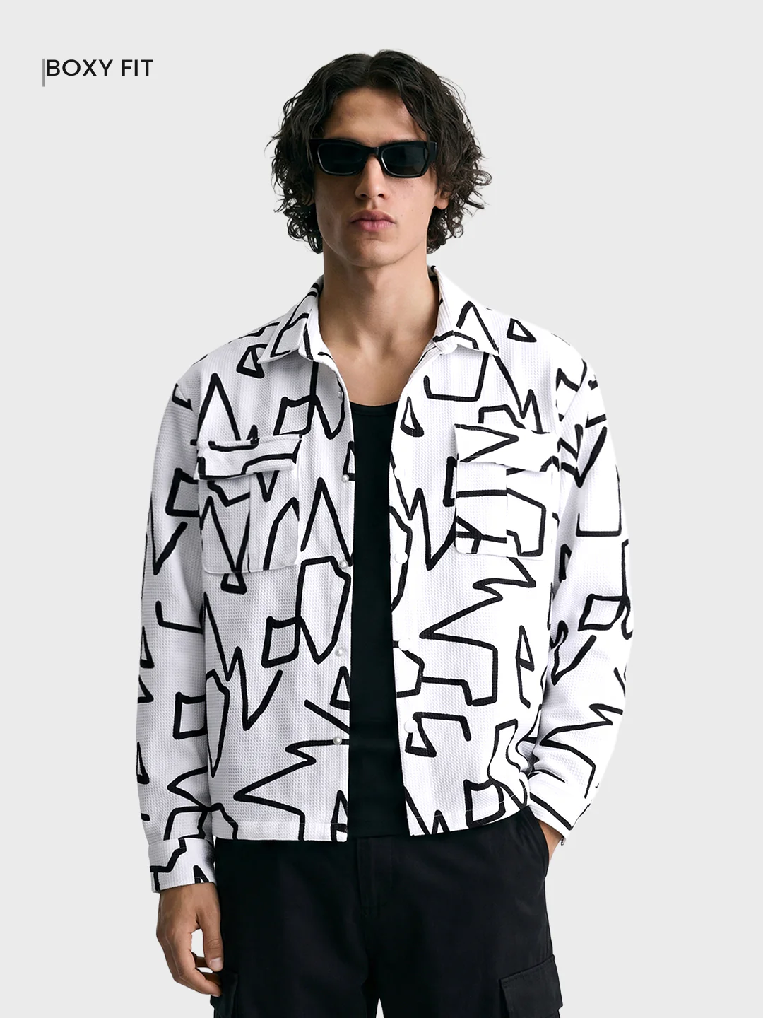 Men's White Boxy Fit Printed Utility Shirt - Image 2