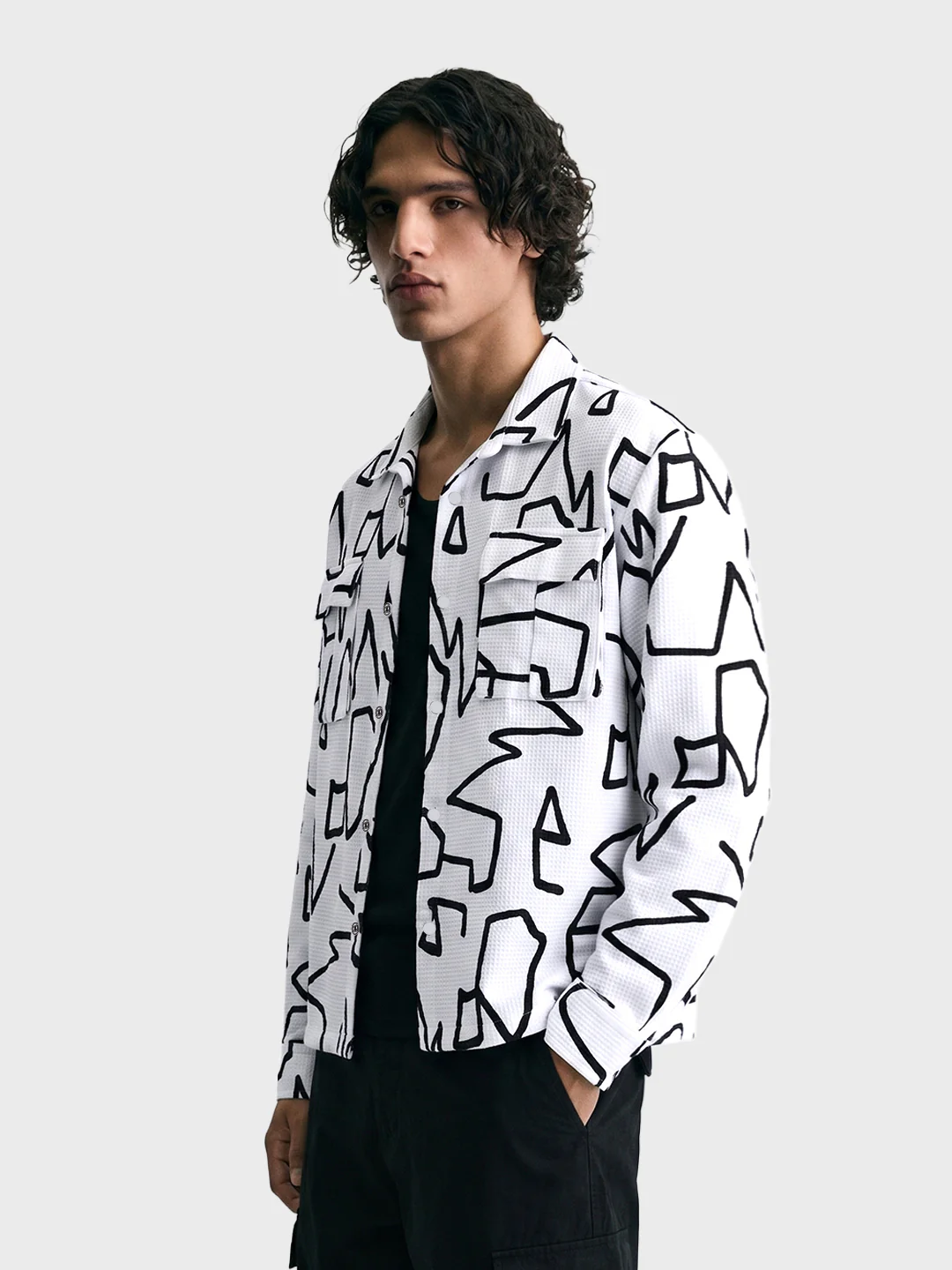 Men's White Boxy Fit Printed Utility Shirt - Image 4