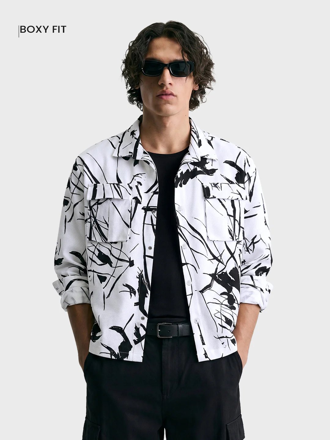 Men's White Boxy Fit Printed Utility Shirt - Image 2
