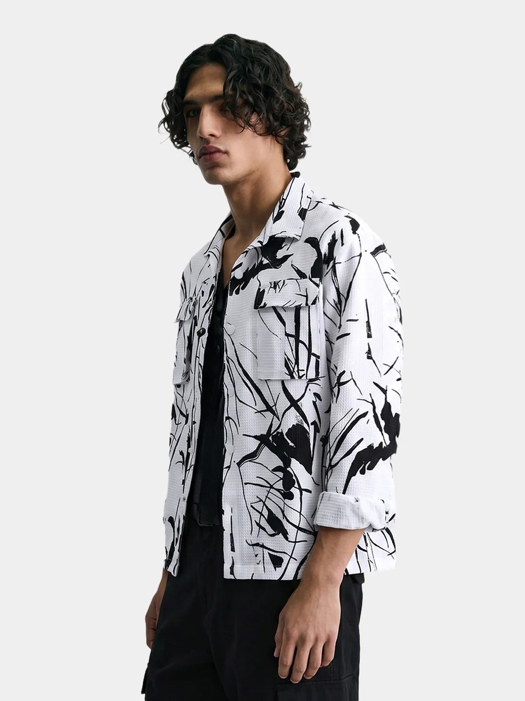 Men's White Boxy Fit Printed Utility Shirt - Image 4