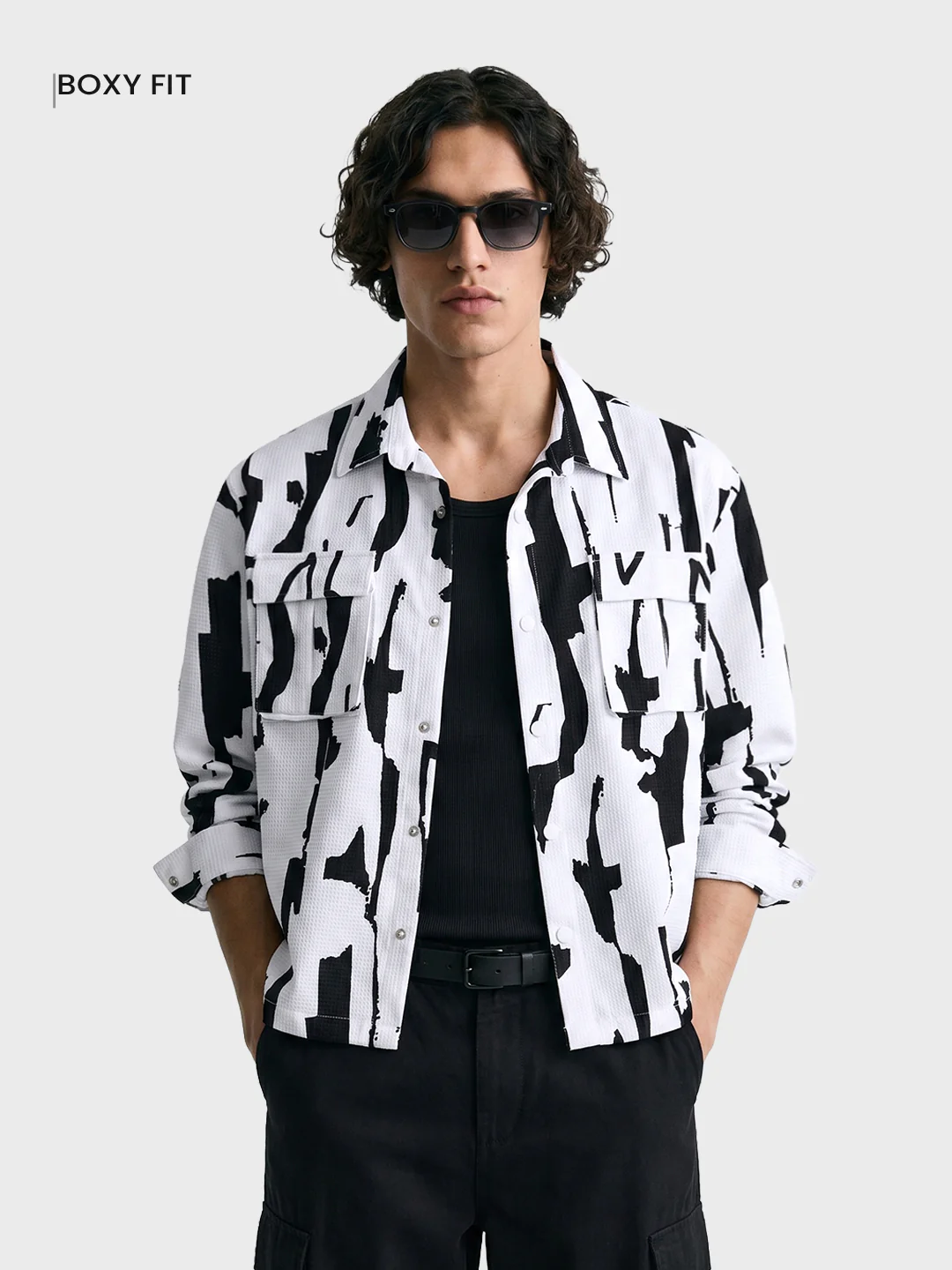 Men's White Boxy Fit Printed Utility Shirt - Image 2