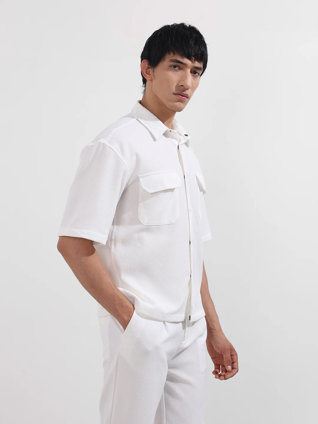 Men's White Boxy Fit Textured Resort Wear Shirt - Image 4