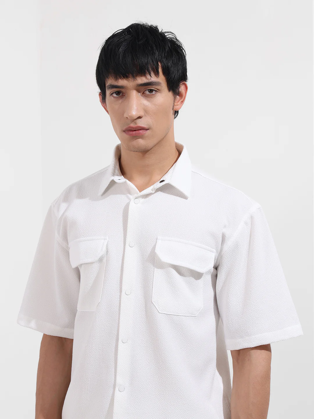 Men's White Boxy Fit Textured Resort Wear Shirt - Image 5