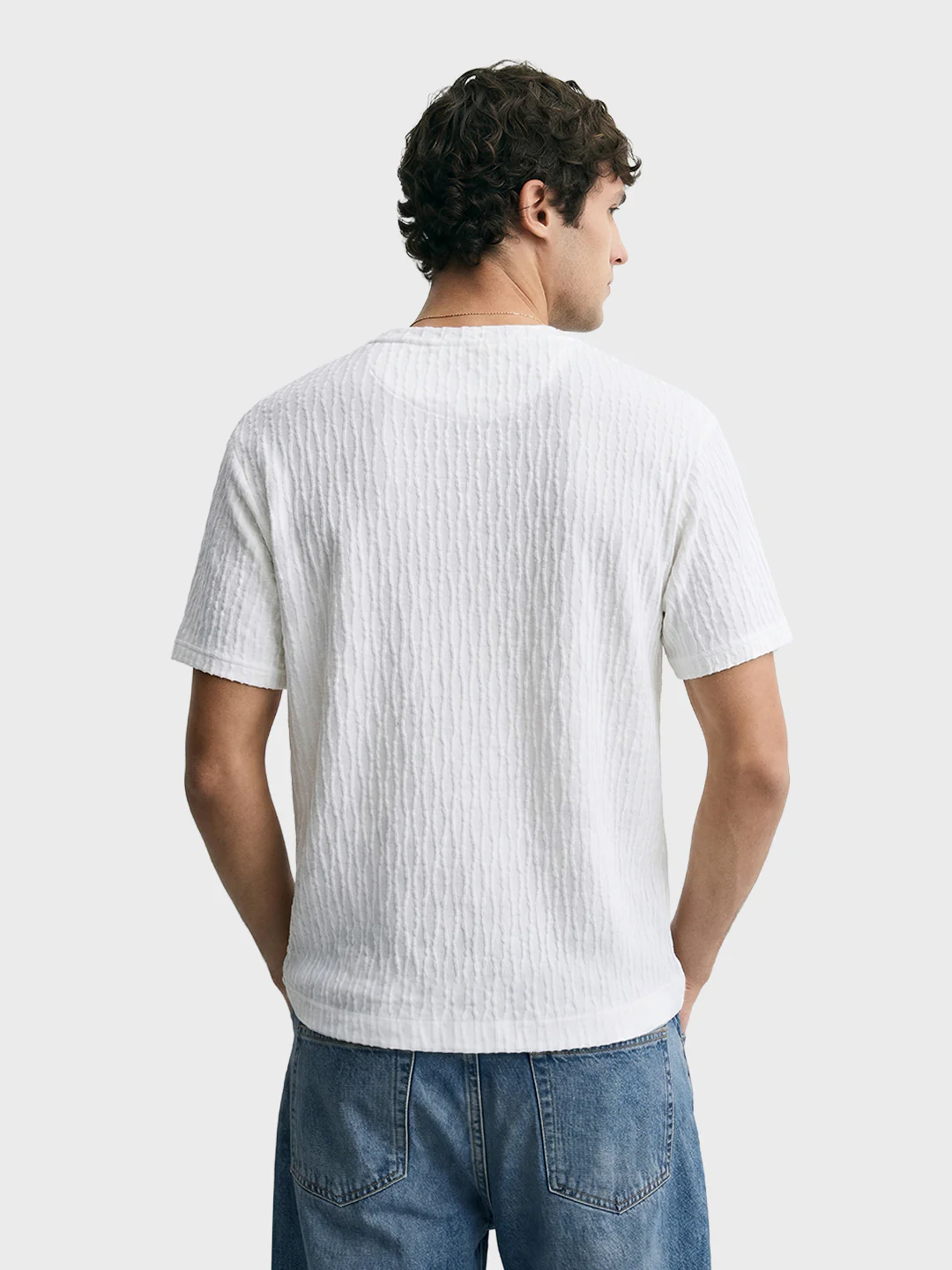 Men's White Boxy Fit Textured Resort Wear T-Shirt - Image 4