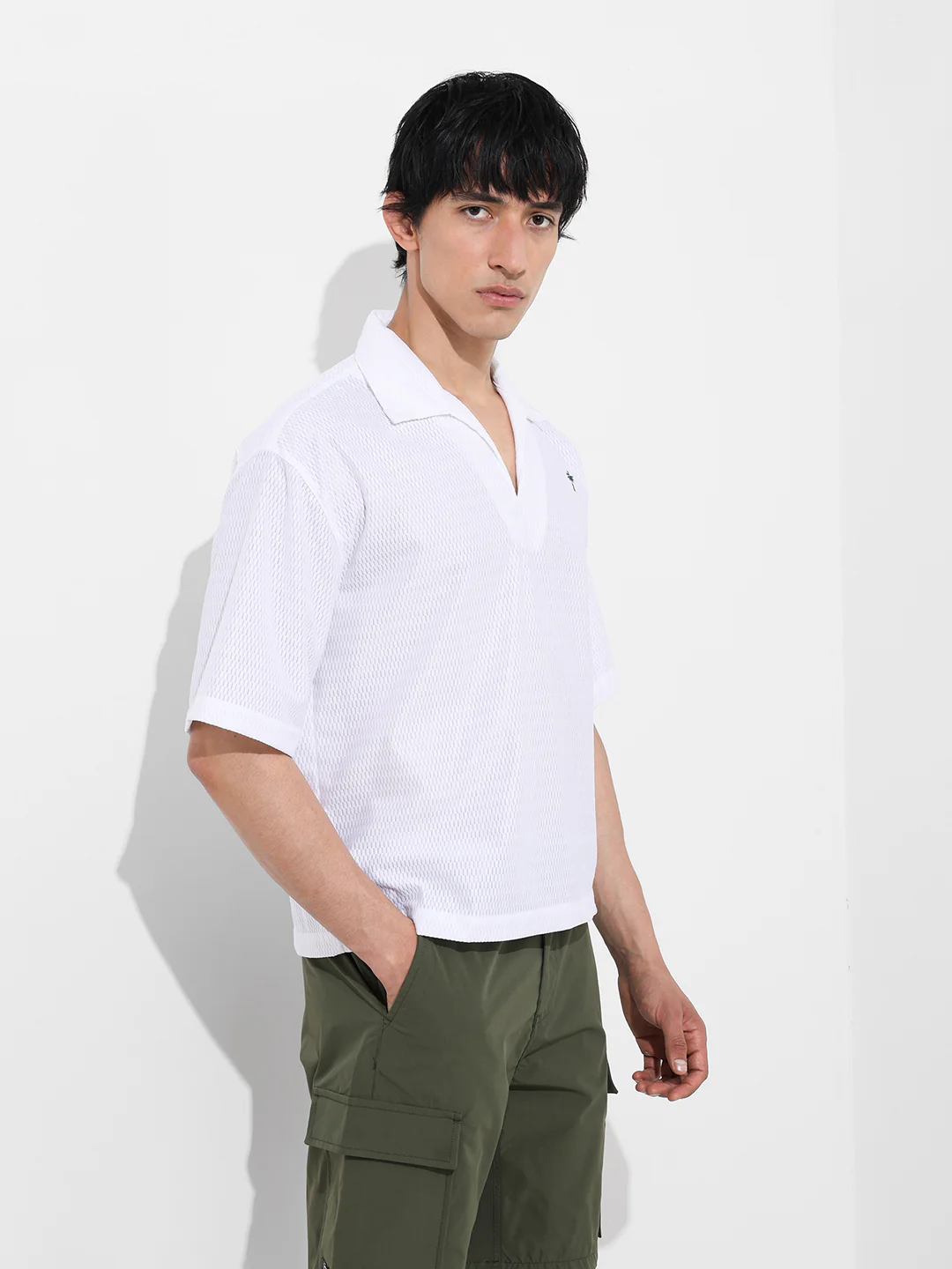 Men's White Oversized Fit Resort Wear Textured Shirt - Image 4