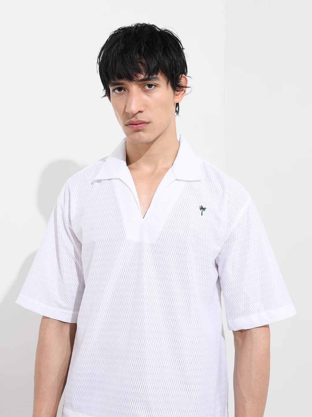 Men's White Oversized Fit Resort Wear Textured Shirt - Image 5