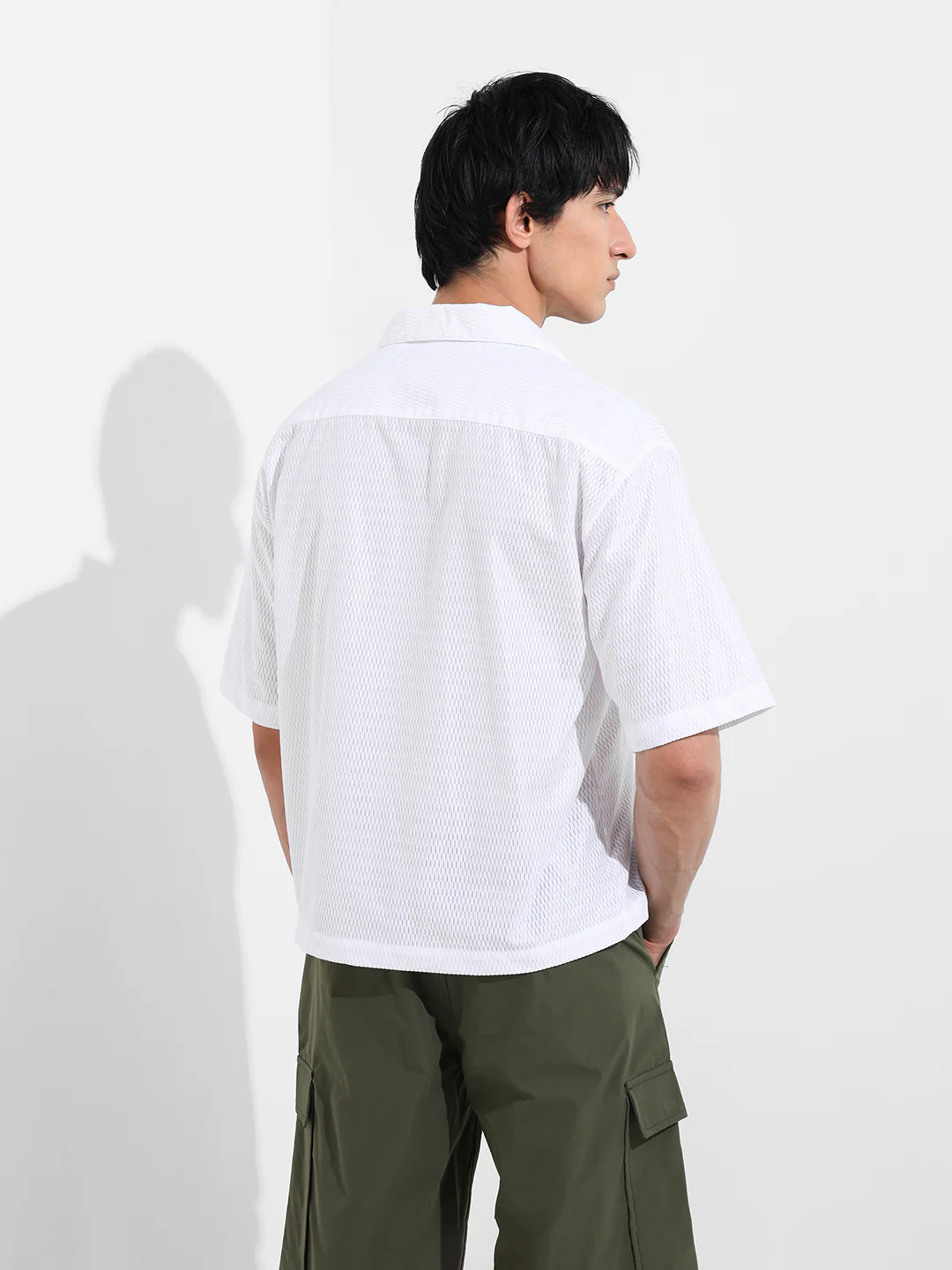 Men's White Oversized Fit Resort Wear Textured Shirt - Image 6