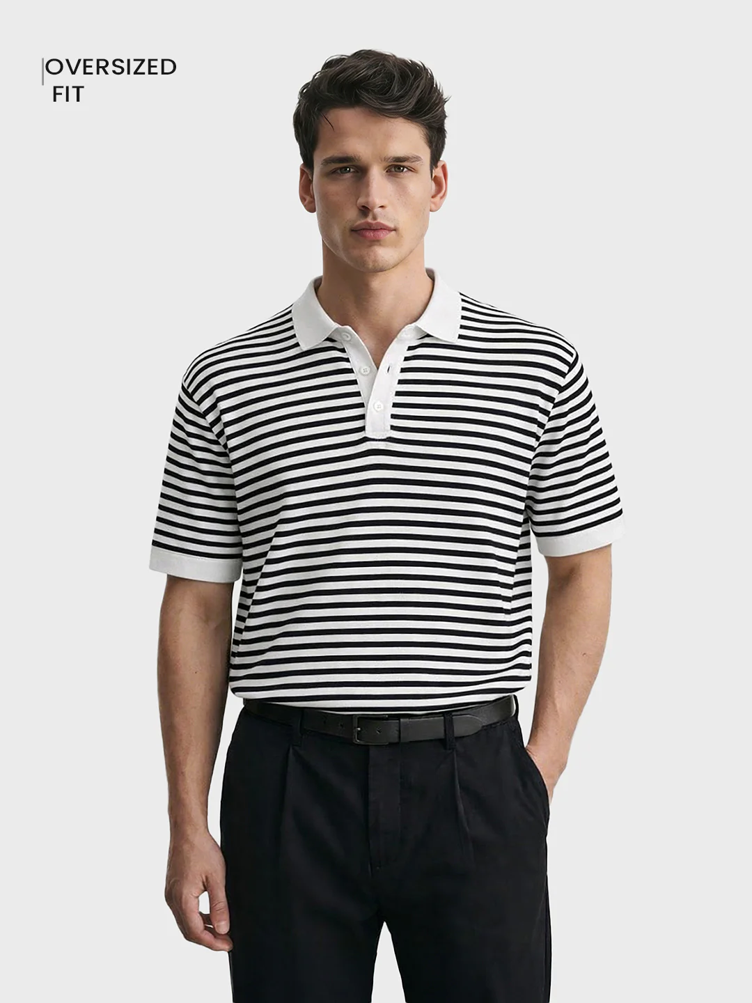 Men's White Oversized Fit Striped Flat Knit Polo T-Shirt - Image 2