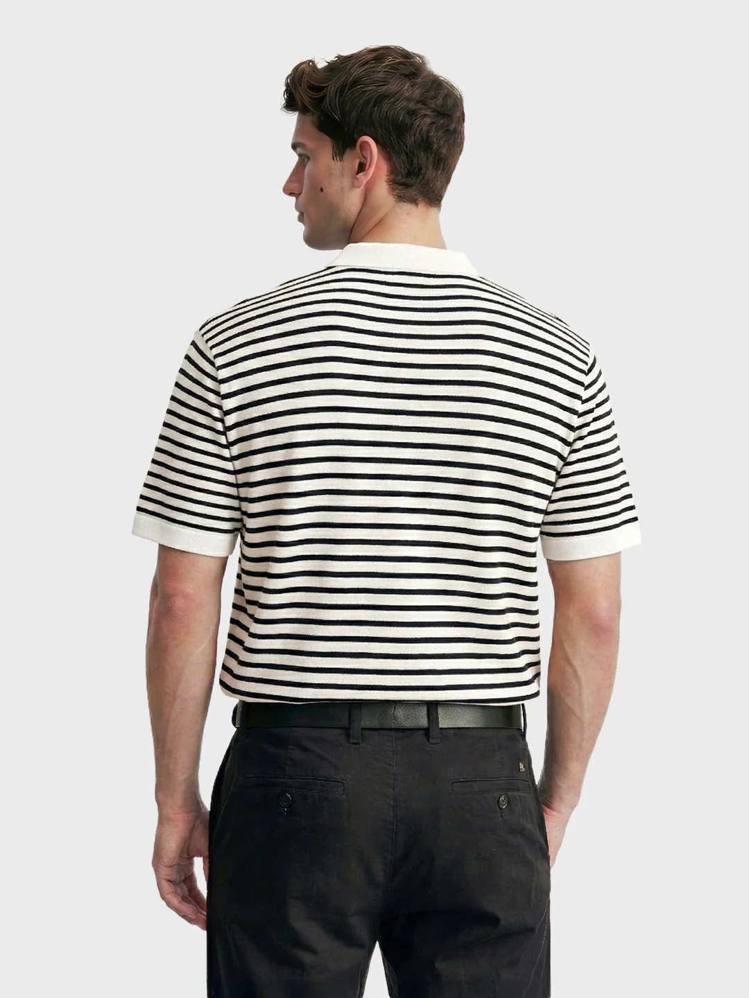 Men's White Oversized Fit Striped Flat Knit Polo T-Shirt - Image 4