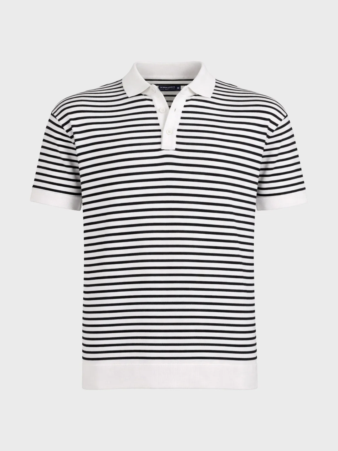 Men's White Oversized Fit Striped Flat Knit Polo T-Shirt - Image 5