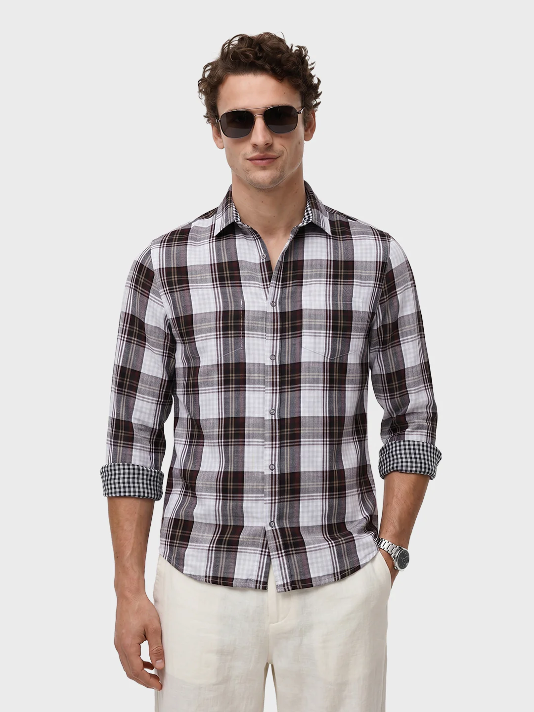 Men's White Regular Fit Checkered Casual Shirts - Image 2