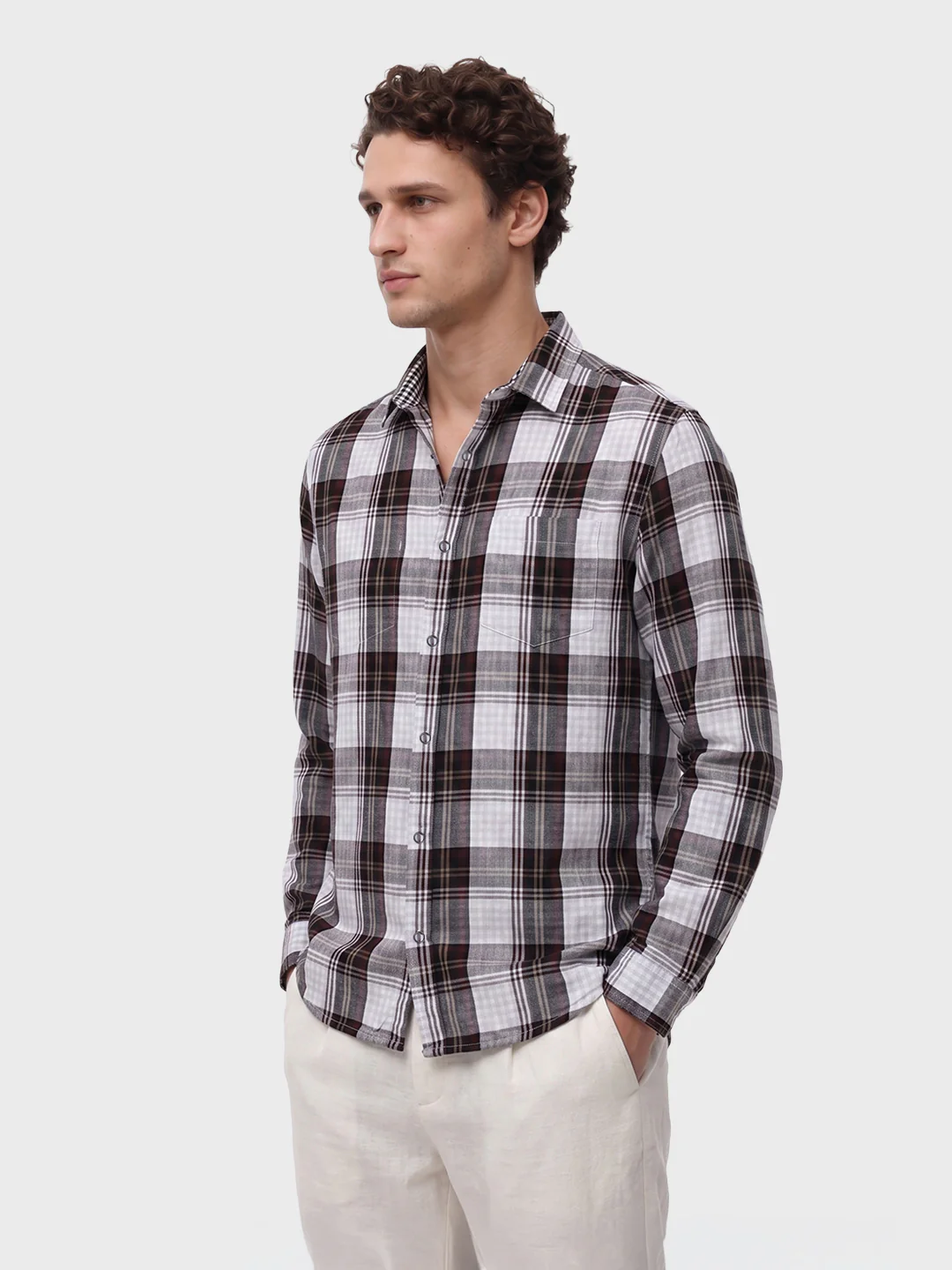 Men's White Regular Fit Checkered Casual Shirts - Image 4