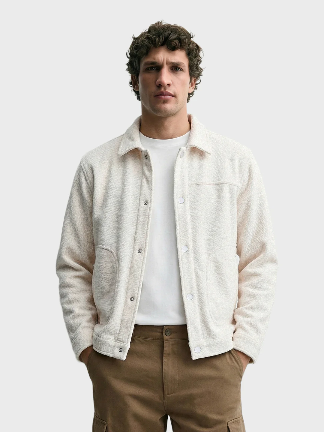 Men's White Regular Fit Solid Casual Biker Jacket