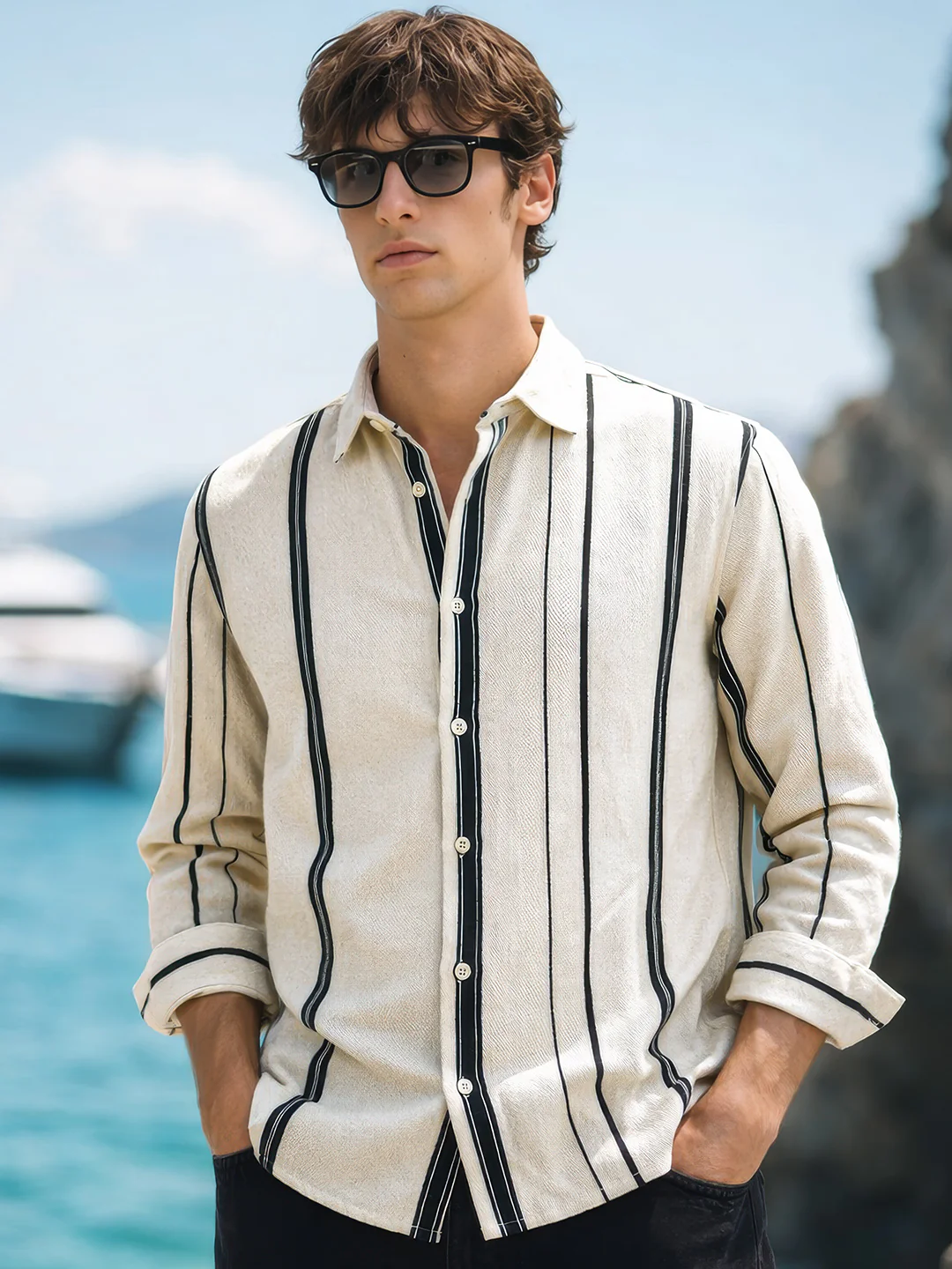 Men's White Regular Fit Striped Casual Shirt