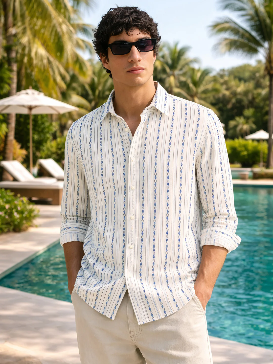 Men's White Regular Fit Striped Casual Shirt