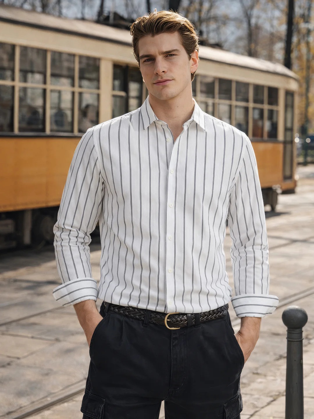 Men's White Super Relaxed Fit Striped Casual Shirt