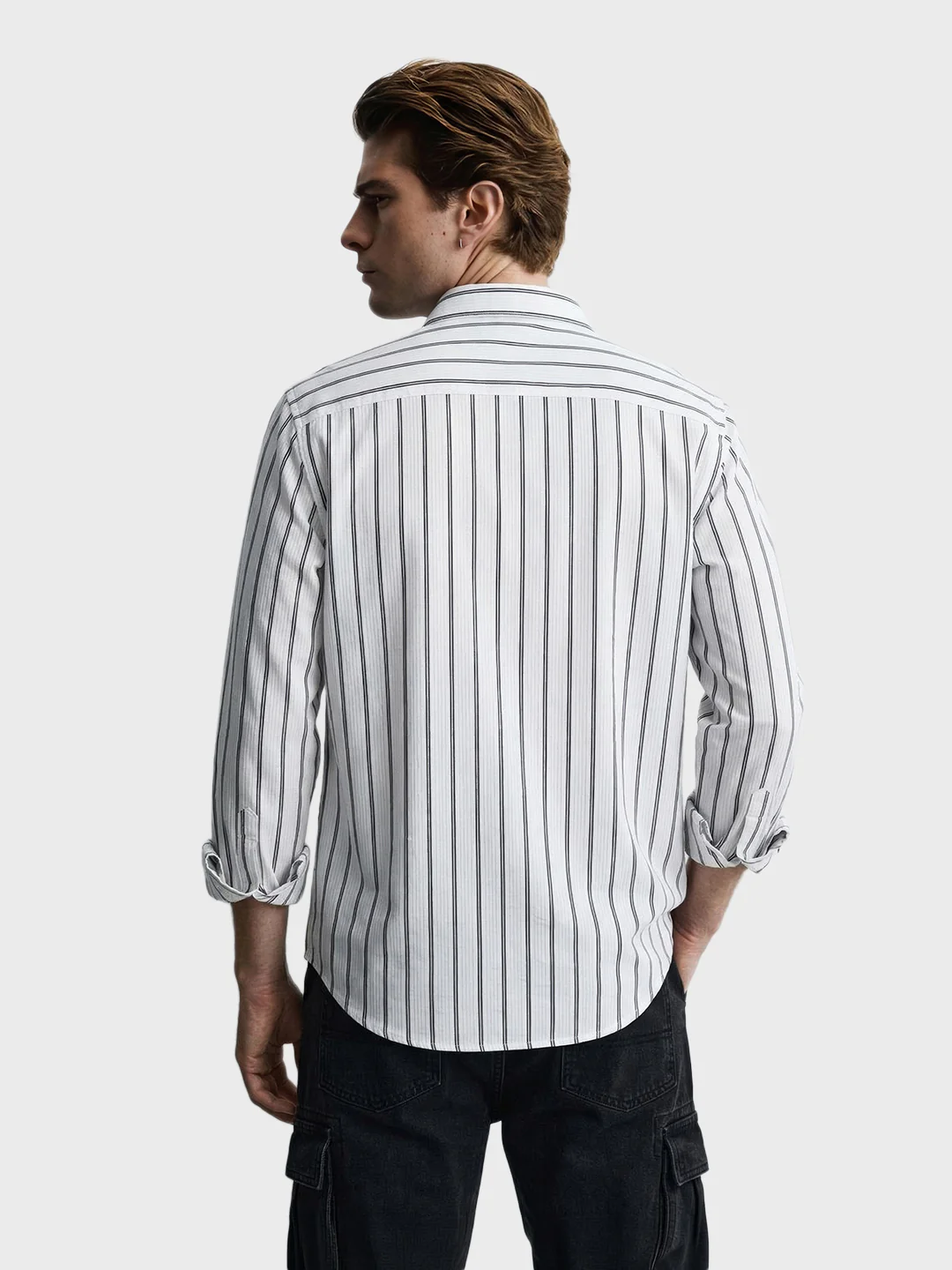 Men's White Super Relaxed Fit Striped Casual Shirt - Image 5
