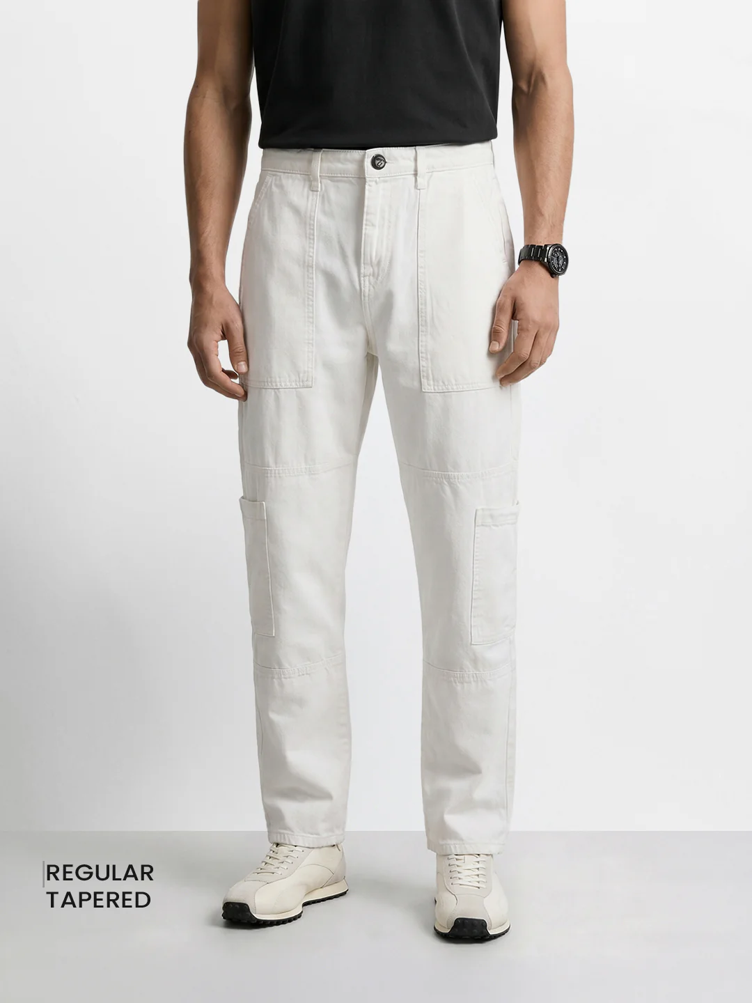 Men's White Regular Tapered Fit Solid Casual Jeans - Image 2