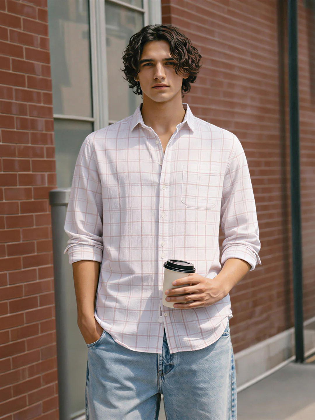 Men's White Relaxed Fit Checkered Oddinary Shirt