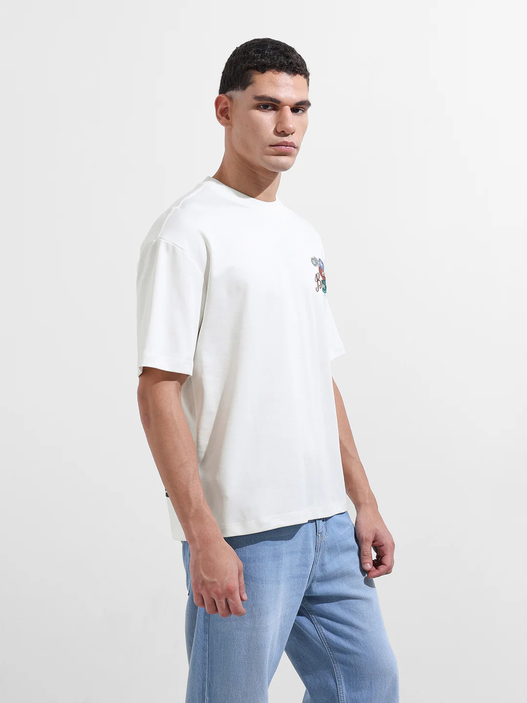 Men's White Relaxed Fit Embroided 240 GSM Street Wear T-Shirt - Image 11