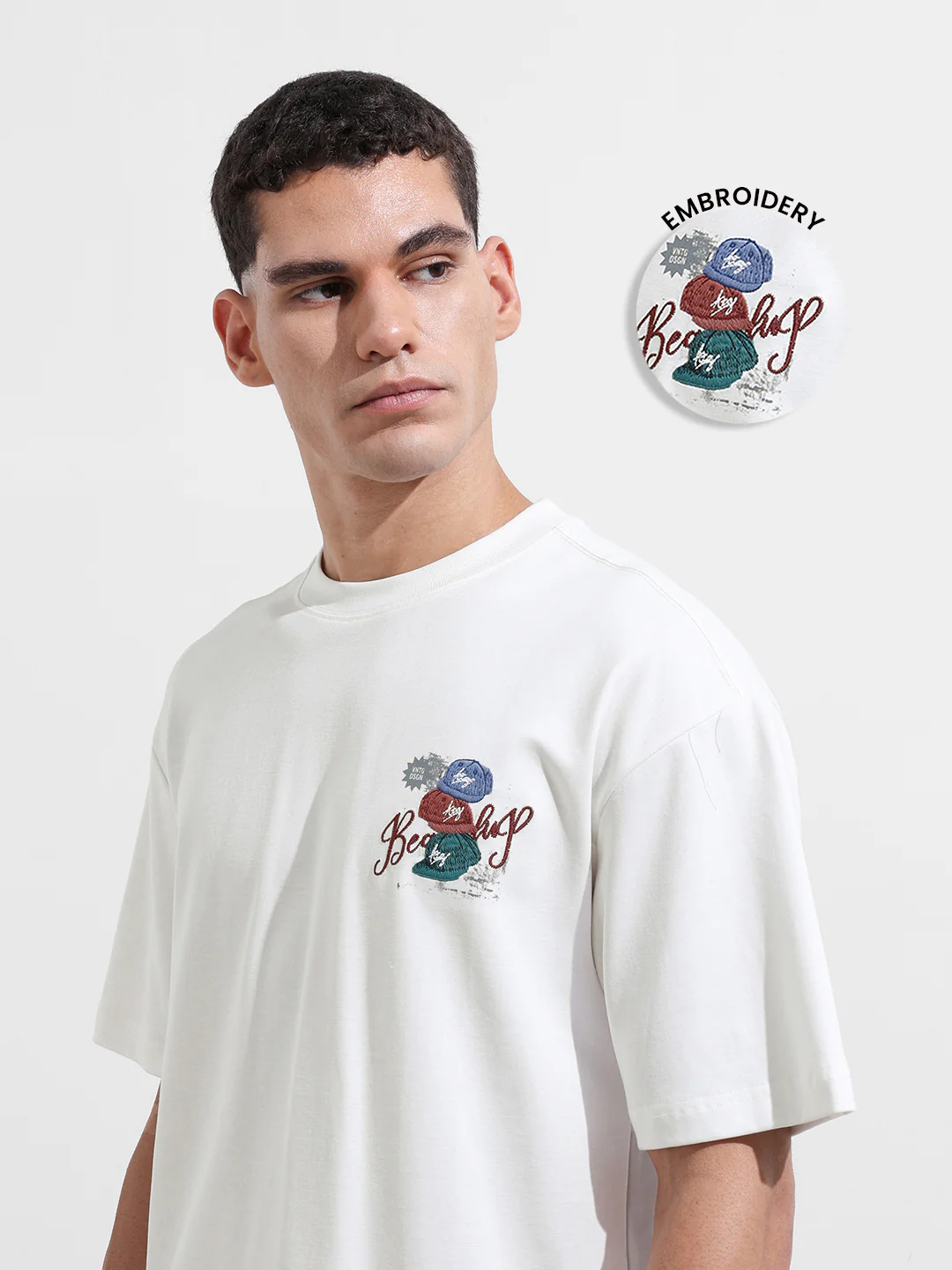 Men's White Relaxed Fit Embroided 240 GSM Street Wear T-Shirt - Image 3