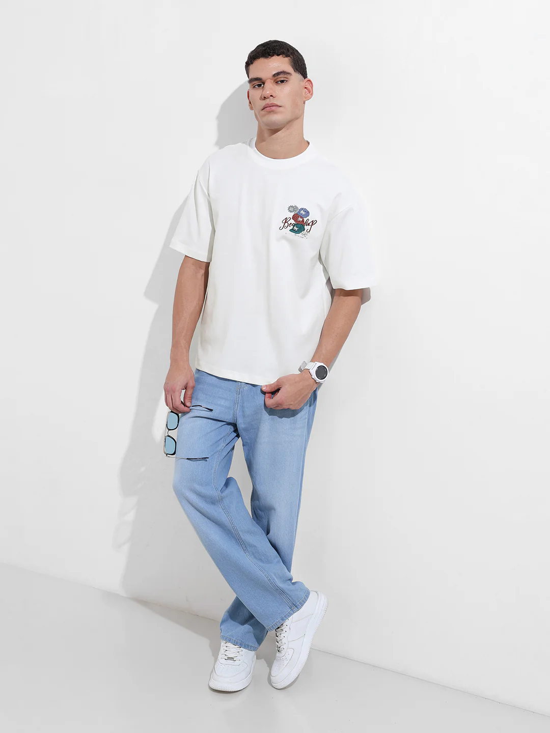 Men's White Relaxed Fit Embroided 240 GSM Street Wear T-Shirt - Image 4