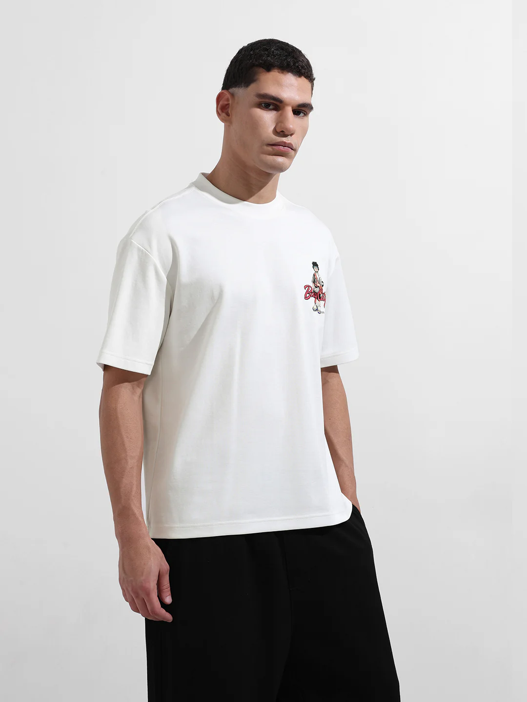 Men's White Relaxed Fit Embroided 240 GSM Street Wear T-Shirt - Image 2