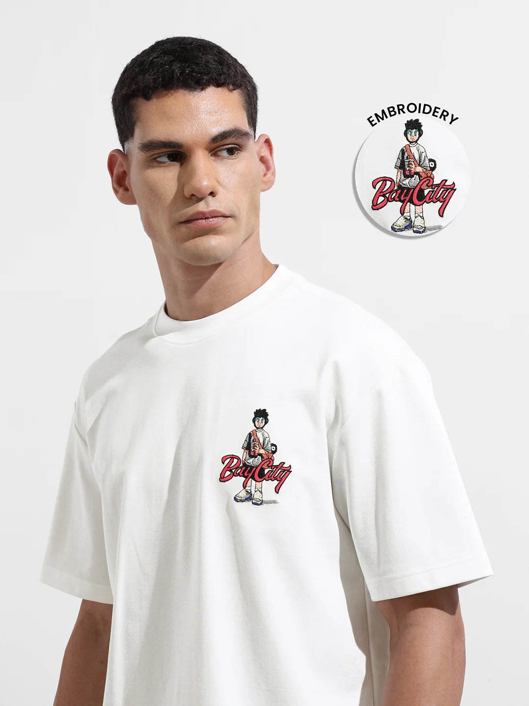 Men's White Relaxed Fit Embroided 240 GSM Street Wear T-Shirt - Image 3