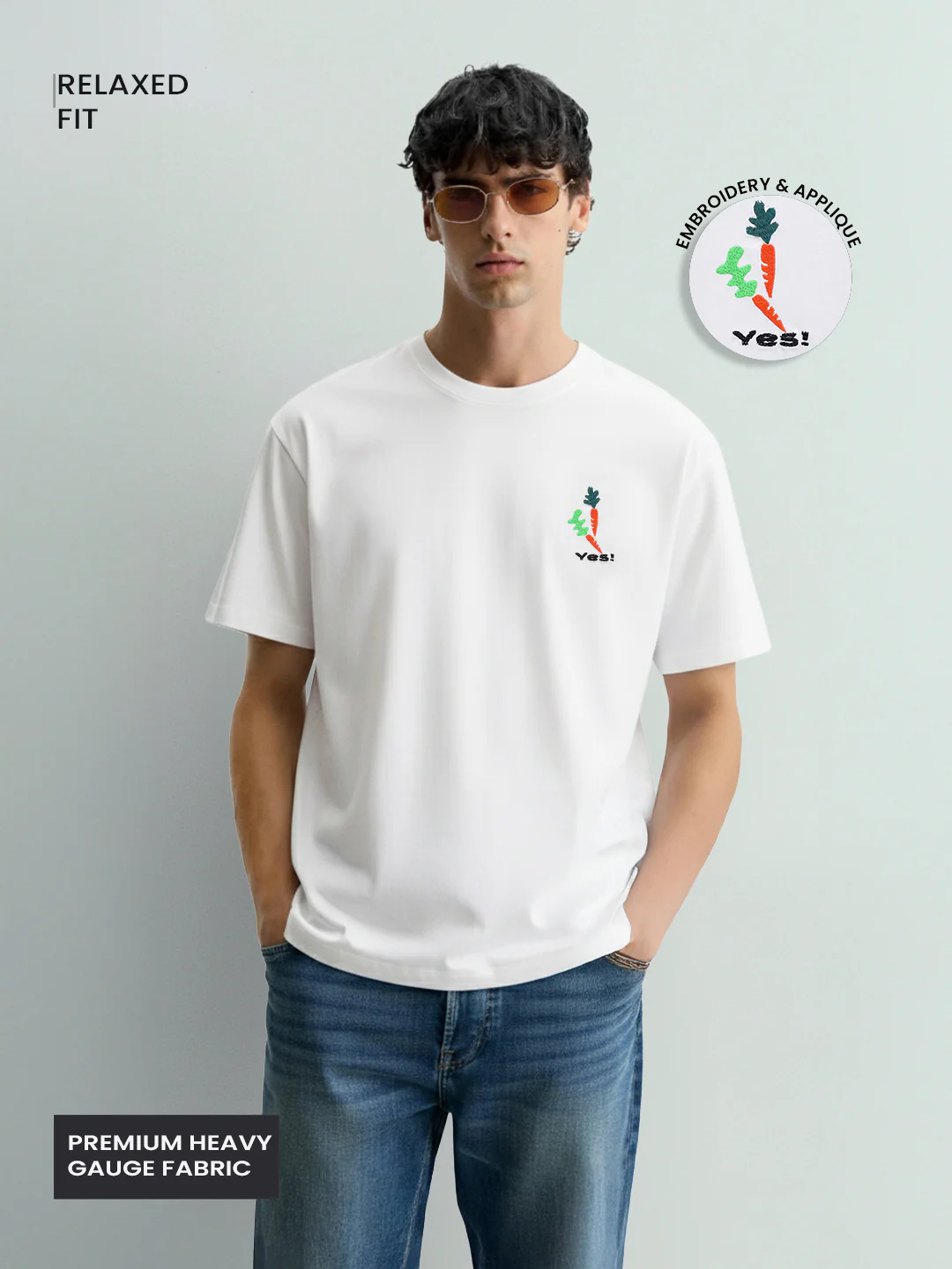 Men's White Relaxed Fit Embroided 240 GSM Casual T-Shirt - Image 2