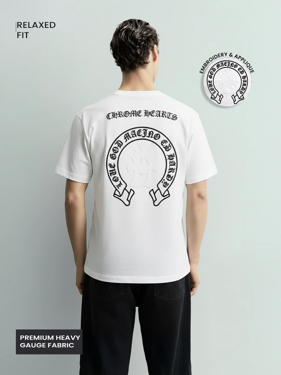 Men's White Relaxed Fit Embroided 240 GSM Casual T-Shirt - Image 2