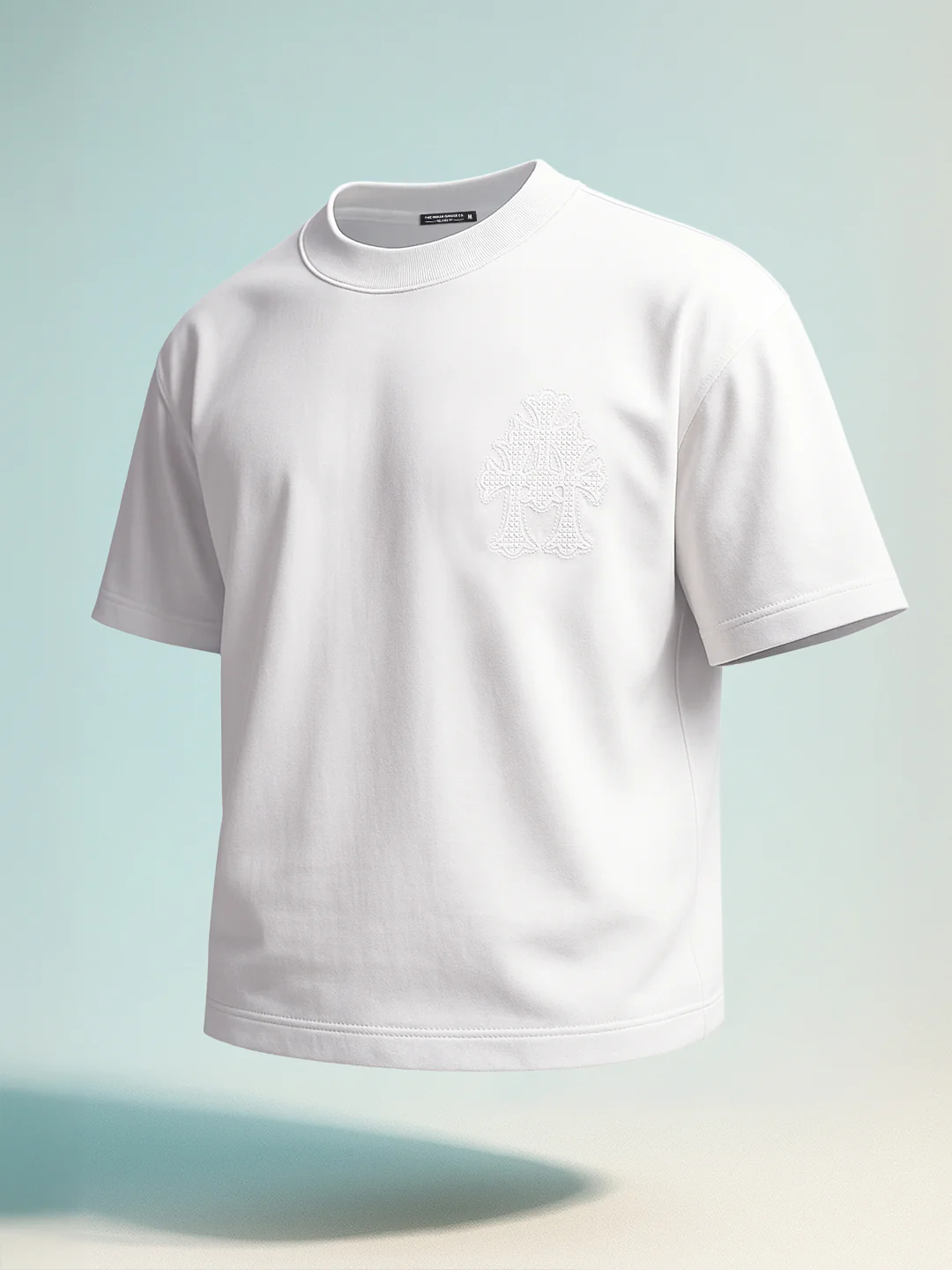Men's White Relaxed Fit Embroided 240 GSM Casual T-Shirt - Image 5