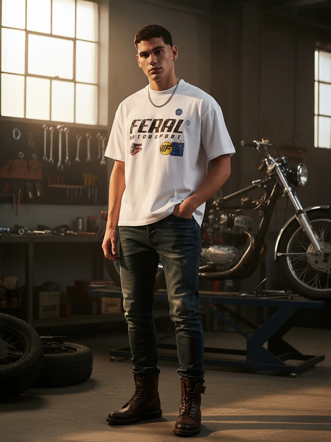 Men's White Relaxed Fit Graphic Printed 240 GSM Street Wear T-Shirt - Image 5
