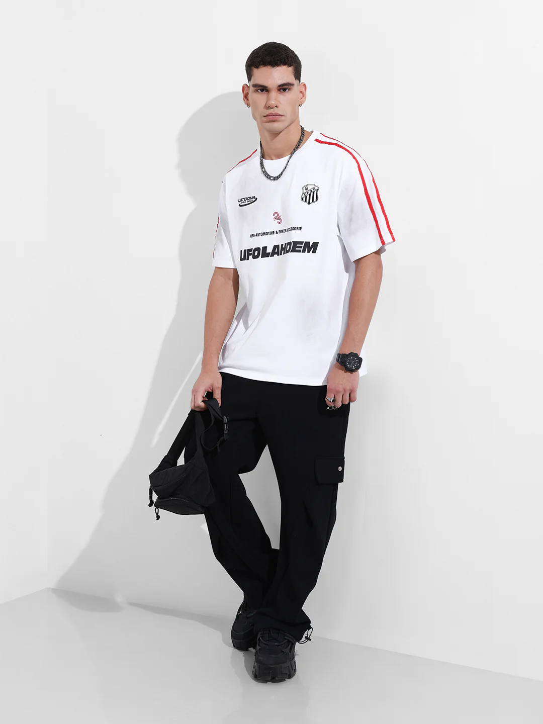 Men's White Relaxed Fit Graphic Printed 240 GSM Street Wear T-Shirt - Image 2