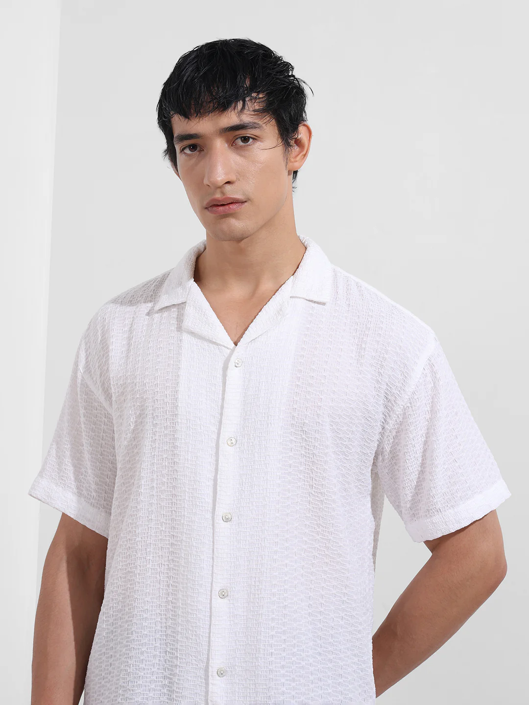 Men's White Relaxed Fit Resort Wear Textured Shirt - Image 5